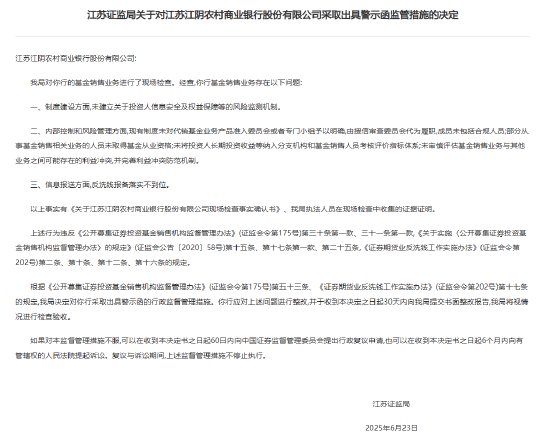 长富配资 江苏证监局对三家农商行基金销售业务现场检查 两家收警示函、一家被责令改正